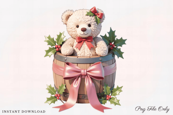 Christmas Bear in Holly Bucket Clipart: A Festive Graphic Design Asset