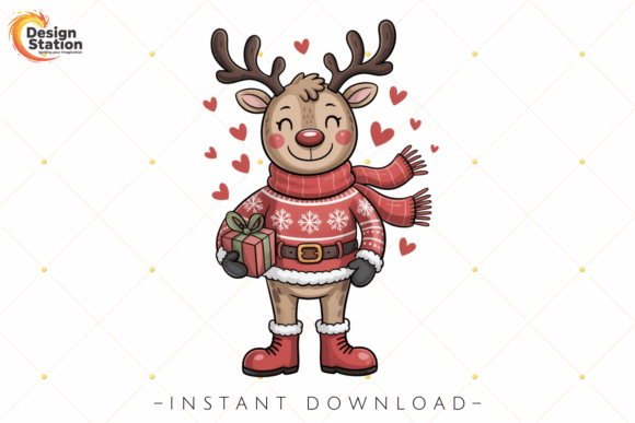 Christmas Cute Reindeer Holding Gift PNG Illustrations Review