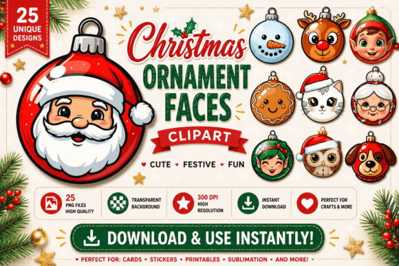 Christmas Ornament Faces Clipart: A Festive Graphic Design Asset for Local Branding