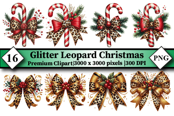 Glitter Leopard Christmas Clipart PNG: A Sparkling Embroidery Design for Holiday Projects