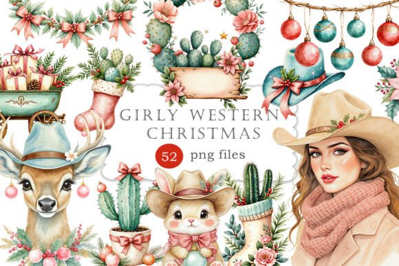 Pink Girly Western Christmas Watercolor Illustrations for Local Business Branding