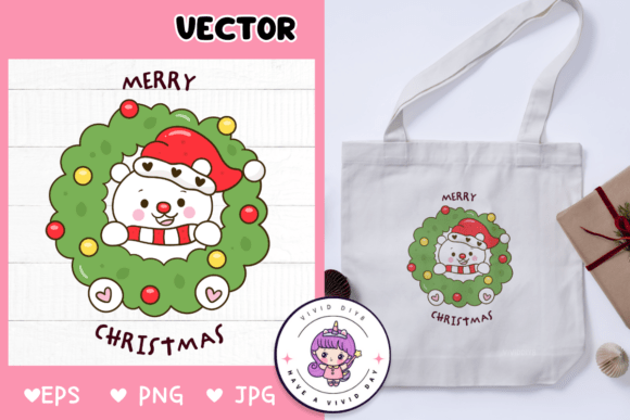 Polar Bear in Christmas Wreath Kawaii: A Festive Illustration for Creative Projects