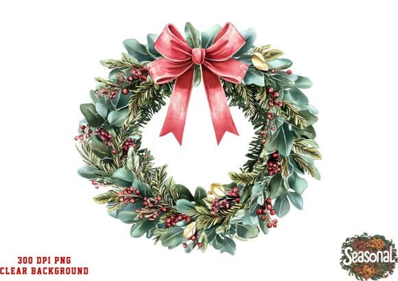 Red Velvet Bow Christmas Wreath PNG: A Festive Illustration for Modern Branding