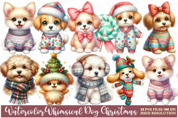Watercolor Dog Christmas Clipart Set: A Festive Illustration Boost for Designers