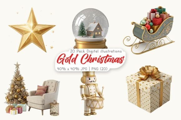 Watercolor Gold Christmas Clipart: A Premium Illustration for Holiday Branding