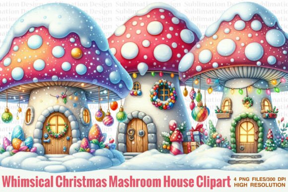 Whimsical Christmas Mushroom House PNG: Festive Illustrations for Crafters