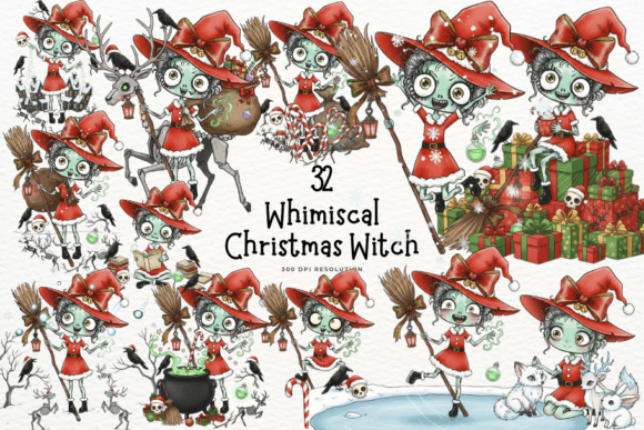 Whimsical Christmas Witch Clipart: A Festive Graphic Design Asset for Local Businesses